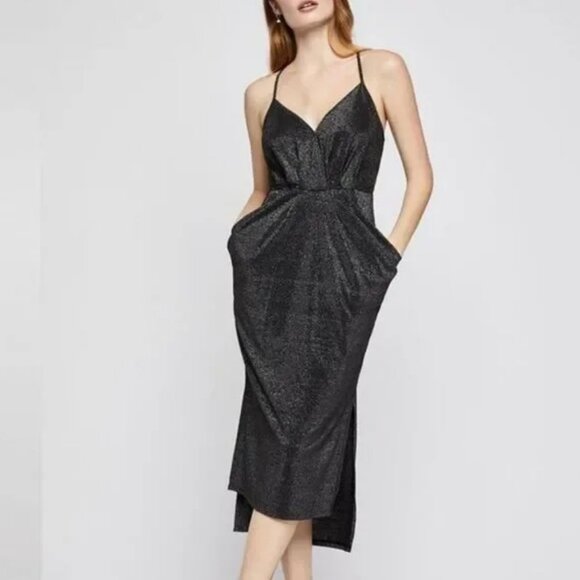 BCBG GENERATION METALLIC BLACK SURPLICE MIDI POCKET DRESS - Picture 1 of 13
